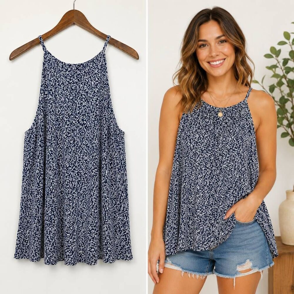 Old Navy Blue White Floral Swing Cami Tank M
